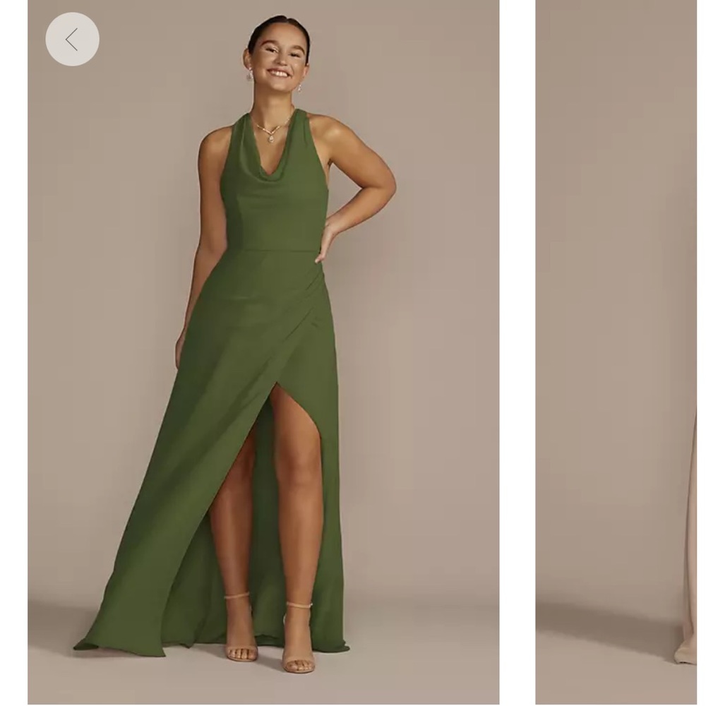 David's Bridal Olive Green Cowl Halter Gown with Front Slit